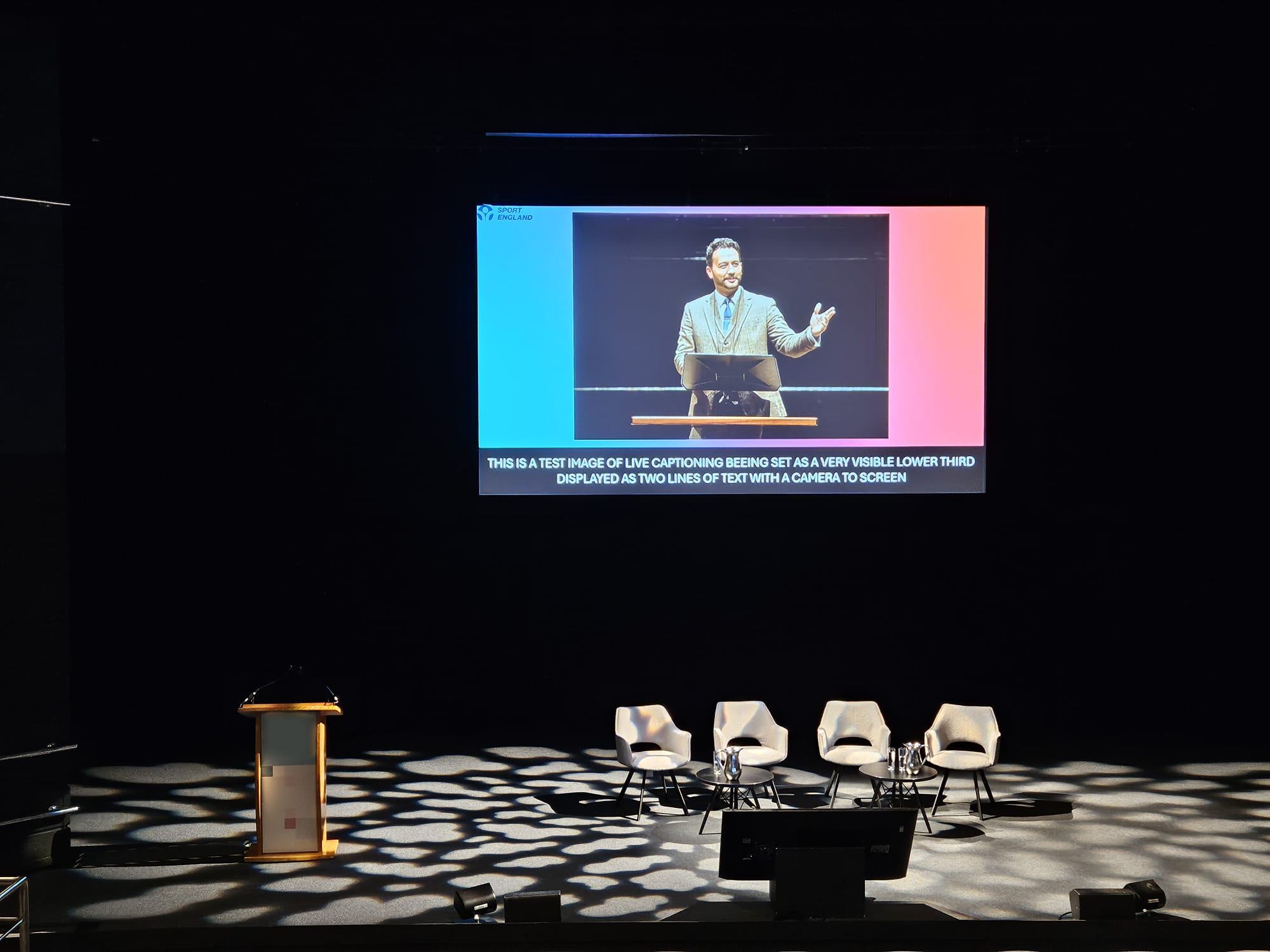 Corporate event stage prepared for a client technical demonstration